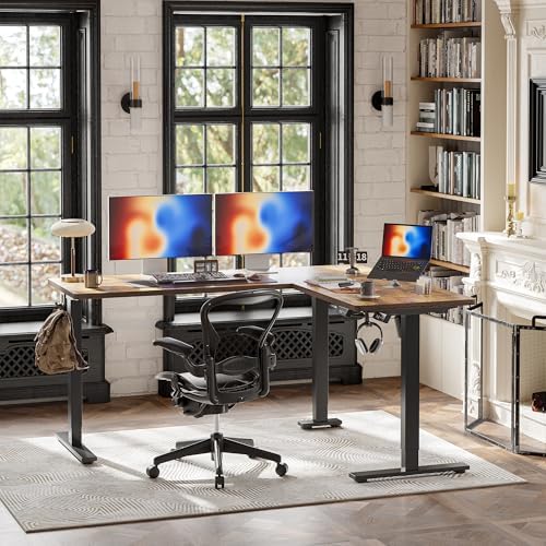 TIQLAB 63 x 55 inch L Shaped Standing Desk Adjustable Height, Electric Corner Standing Desk, Sit Stand Computer Table with Splice Board, Rustic Brown