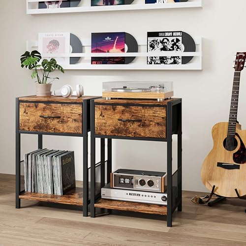 Night stand Set of 2 with Fabric Drawer, Rustic Brown Bedside Table