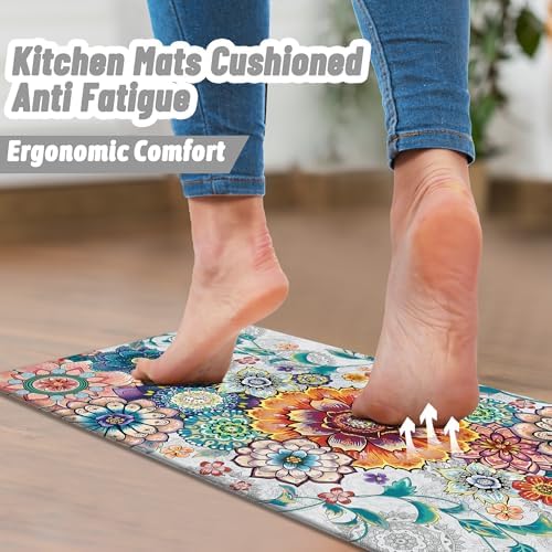 Floral Kitchen Rugs Mats for Floor 2 Piece Flowers Anti Fatigue Kitchen Mats Non Slip Cushioned Comfort Standing Mat for Sink, Office, Laundry, 17.3x28+17.3x47 Inch