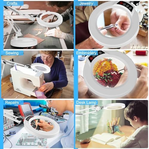 12X Magnifying Glass with Light and Stand, 5 Color Modes Stepless Dimmable 2-in-1 Lighted Magnifier with Clamp, LED Desk Lamp Hands Free for Crafts Hobby Reading Painting Sewing Close Work White