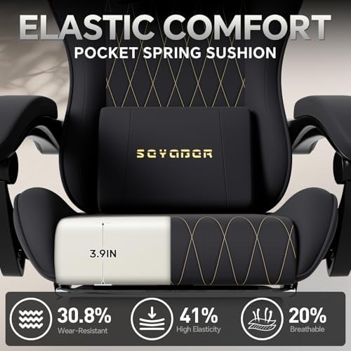 Breathable Fabric Gaming Chair with Footrest, Ergonomic High Back Computer Chair with Gold Diamond Stitching, Height Adjustable Swivel Office Chair with Lumbar Support for Adults,Black