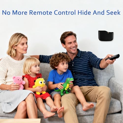 SUNFICON Adhesive Remote Control Holder Wall Mount Media Player Controller Holder Universal TV Remote Organizer Caddy Box Tray Hollow Bottom Slot Easy Phone Charging Home Office Desk Nightstand Black