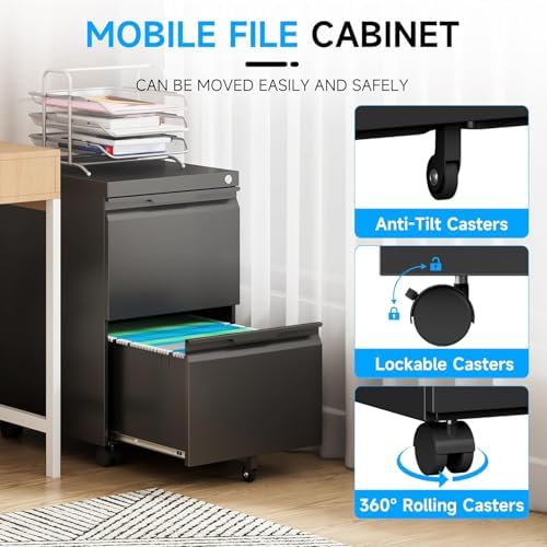 2 Drawer Mobile File Cabinet with Lock, Rolling File Cabinet with Wheels