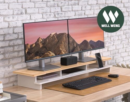 42.5" Dual Monitor Stand Riser with Phone Holder Desk Shelf White