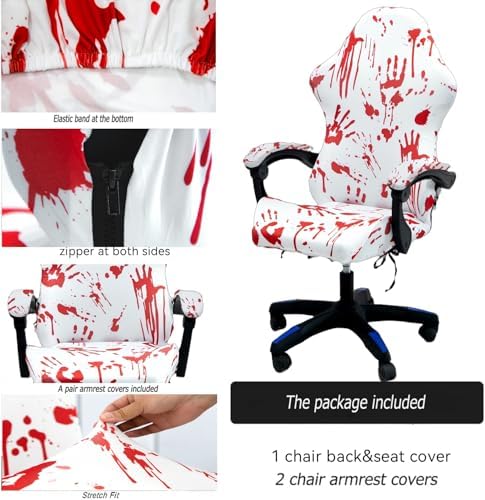 Gaming Chair Covers Slipcovers, Stretch Removable Washable Computer Reclining Gaming Chair Protector Slipcovers with Armrest Cover (No Chairs) (Halloween-bloodyprinting White)