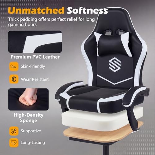 GIANTEX Gaming Chair, Height Adjustable Computer Desk Chair with Headrest, Lumbar Support, Linkage Armrests, Reclining Backrest & Footrest, Ergonomic Office Chair, Video Game Chair (Black)