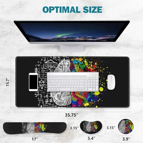 ToLuLu Extended Gaming Mouse Pad, Memory Foam Ergonomic Keyboard Mouse Wrist Rest Support Set, Large Desk Mat with Stitched Edges, Non-Slip Base Mousepad for Home Office Game, Left & Right Brain
