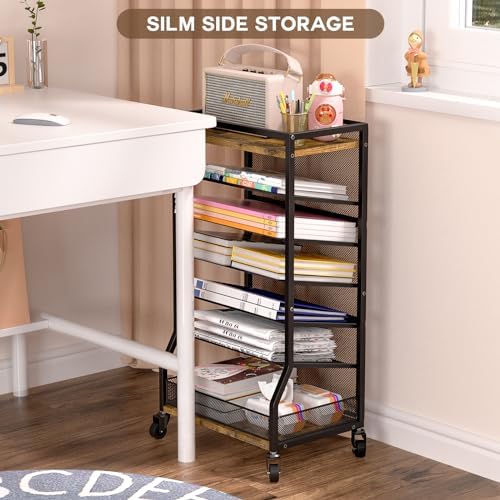 ThreeHio 7 Tier Rolling File Cart with Sliding Trays, Wood Metal File Organizer Beside Desk, Free-Standing File Holder, Paper Letter Tray Organizer Mesh Desk Organizer for Home Office School (Patent)