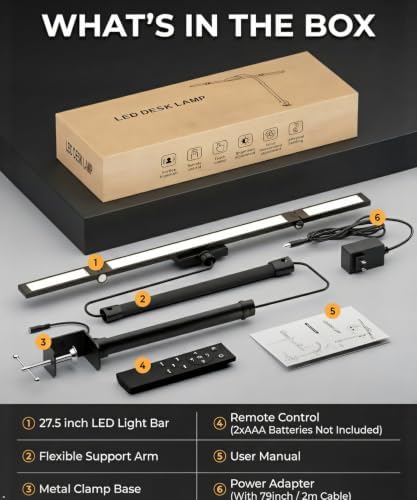 24W LED Clamp Desk Lamp, 3 Light Bars Architect Desk Light with Motion Sensor & Remote, Eye Caring Stepless Dimming Table Lamp for Home Office Study, Black