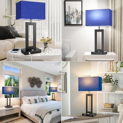 3 Color Temperatures Table Lamps for Bedrooms Set of 2, 22ββ Touch Control Bedside Nightstand Lamps with 2 USB Ports & AC Outlet, Stepless Dimmable Lamps with Blue Shade, Modern Decor for Living Room