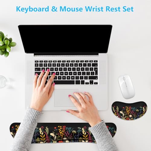 Dapesuom Enlarge Keyboard Wrist Rest, Memory Foam Wrist Cushion for Desk Mats Support, Typing Pain Relief Keyboard Mouse Pad Rests Set with Non-Slip Base for Gaming Laptop Computer, Floral Cartoon