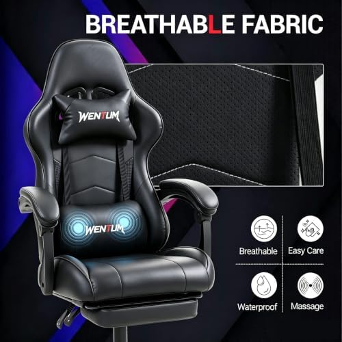 Gaming Chair with Footrest for Adults, PU Leather Massage Racing Video Game Chair with Lumbar Support for Men Women, Ergonomic Computer Chair for Home Office, Height Adjustable, Black
