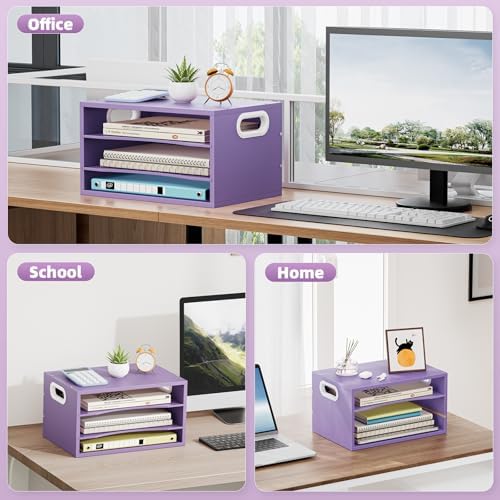 Marbrasse 3 Tier Wood Desk Organizer, Paper Letter Tray Organizer,Purple