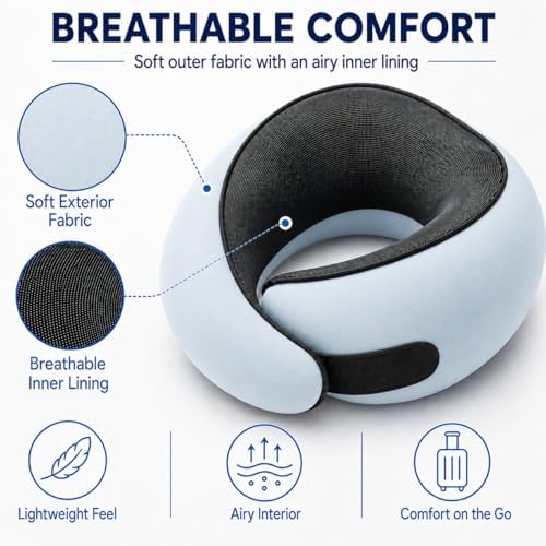 Travel Neck Pillow for Airplanes, Pure Memory Foam Neck Pillow with Washable Cover and Storage Bag, Ergonomic 360° Support for Sleeping, Car, Office, Home, Light Blue