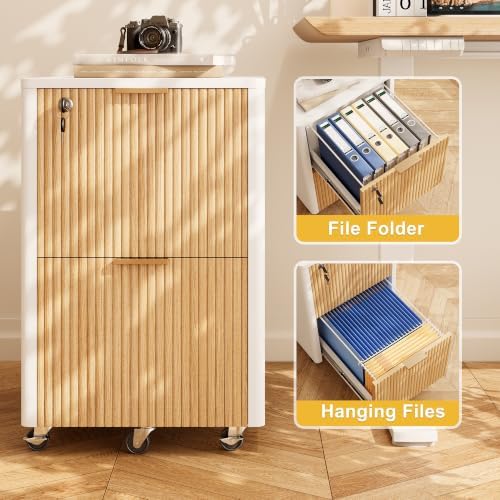2 Drawers Fluted Mobile File Cabinet with Lock, Rolling File Cabinet Printer Stand Table, Under Desk Wooden Filing Cabinets for Home Office Essentials Storage Organization Furniture Letter/Legal/A4