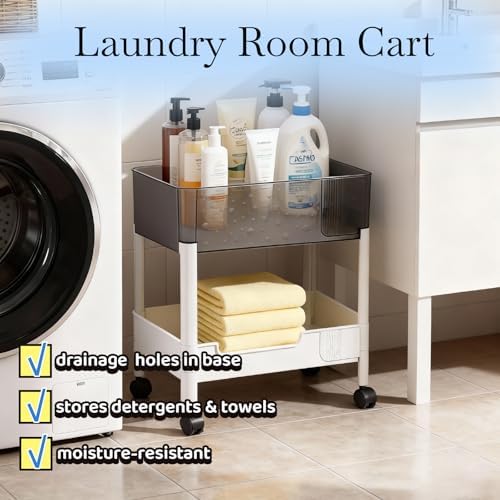 2 Tier Rolling Cart with Wheels for Under Desk Storage, Heavy Duty Plastic Short Small Utility Cart for Small Space Bathroom Vanity Makeup Organizer Pantry, 4.7'' Deep Baskets for Tall Bottles