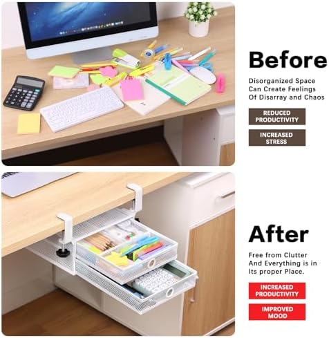 Under Desk Drawer, Clamp on Desk Organizer Slide Out Table Storage No Drill