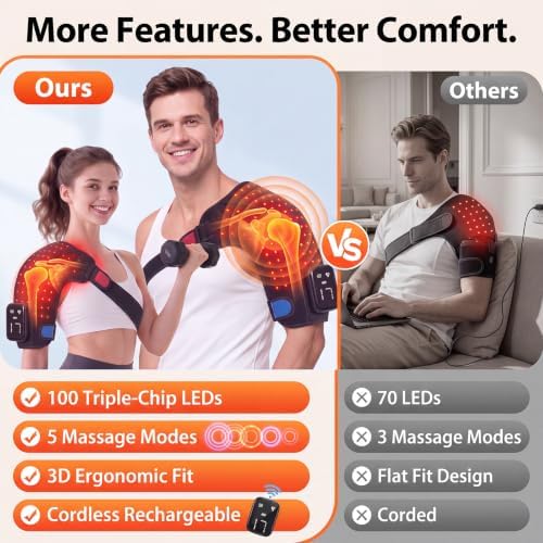 Cordless 3D Red Light Shoulder Wrap, 100 LEDs Infrared Massage Wrap,5000mAh