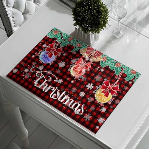 Balls Snowflake Placemats Set of 6, Xmas Plaid Decoration Washable Cotton Linen Table Mats for Kitchen Dining Table, Heat Insulation Place Mats for Indoor Outdoor Parties, Holiday Decorations