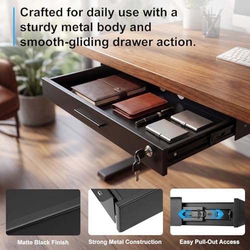 Menkxi 24'' x 9'' Under Desk Drawer Slide Out Storage Organizer, Lockable Metal Desk Drawer for Laptop and Office Accessories, Large Hidden Under Table Storage Box with Cable Management, Black