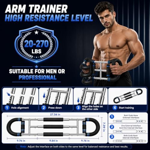 Twister Arm Trainer 20-270 lbs, NUJFITNESS Twister Bar with 3 Detachable Springs & 9 Resistance Levels, Power Chest Expander for Arm, Chest, Shoulder & Upper Body Strength Training, Home Gym Workout