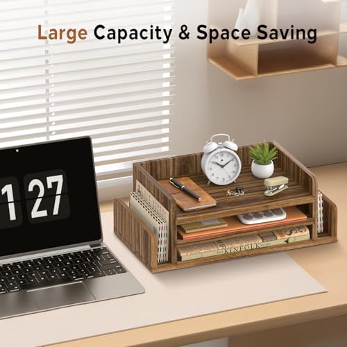 Wooden Desk Organizer, 3-Tier Paper Trays with 2 Mail Sorters, Dark Brown