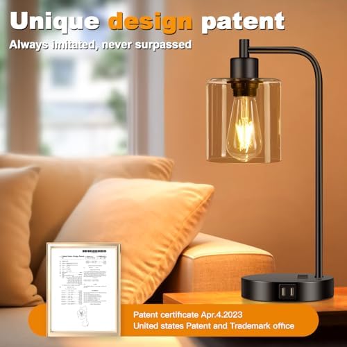 Set of 2 Industrial Touch Control Table Lamps with 2 USB Ports and AC Outlet - 3-Way Dimmable Black Bedside Lamp Nightstand Desk Lamps for Bedroom Living Room, Amber Glass Shade & 2 LED Bulbs Included