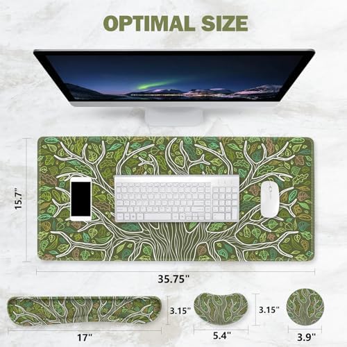ToLuLu Desk Mat, Gaming Mouse Pad Wrist Support 4 in1 Set, XXL Large Mouse Pad + Keyboard Wrist Rest + Memory Foam Cushion Mouse Wrist Rest for Pain Relieve + Coaster Table Computer PC, Green Leaves