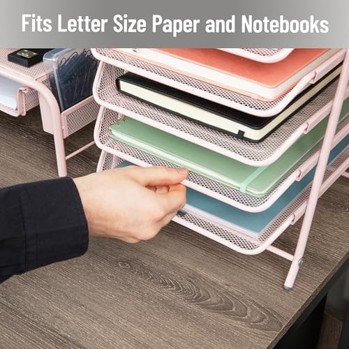 Mind Reader 5-Tier Paper Tray Organizer, Vertical Desktop File Storage Rack, Office, Metal Mesh, Pink