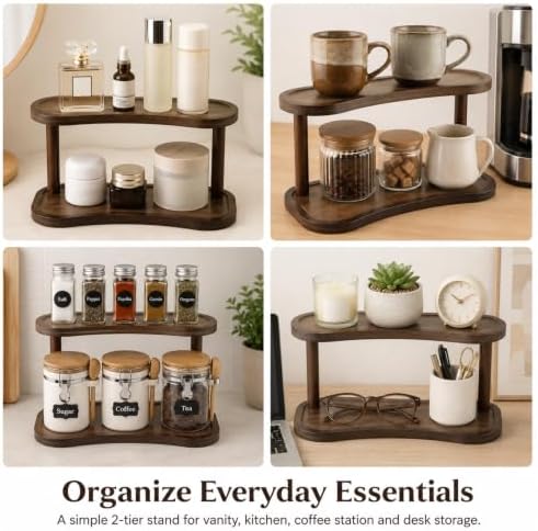 Bamboo Desktop Organizer Shelf, 2-Tier Wooden Bathroom Organizer Countertop, Natural Bamboo Display Stand for Perfume, Makeup, Coffee Mugs