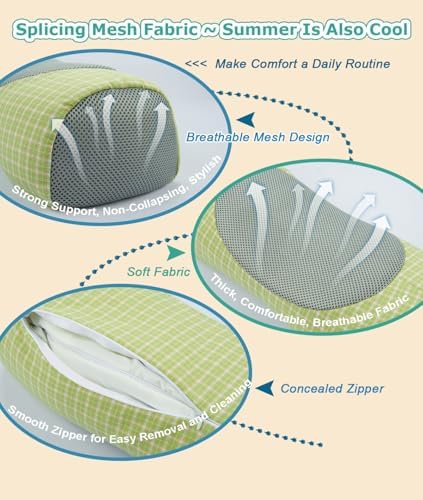 Buckwheat Neck Roll Pillow for Sleeping, 5''x16'' Small Lumbar Roll Pillow for Stiff Pain Relief, Neck Support Back Pain Relax Bolster Pillow with Breathable Plaid Pillow Covers (Green)