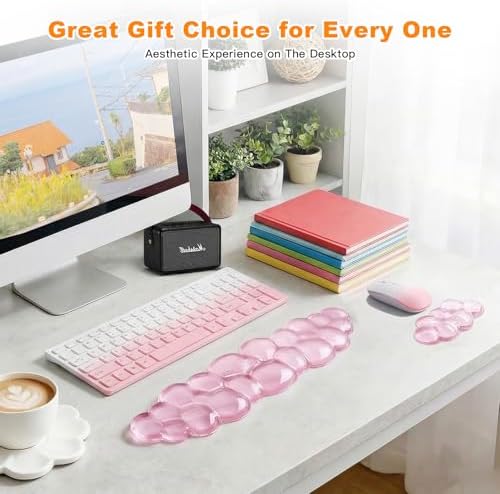 Cloud Keyboard and Mouse Wrist Rest Set, Clear Gel Keyboard Mouse Wrist Rest Support Pad for Typing Pain Relief, Cute Aesthetic Desk Decor Accessory for Home Office Dorm(Pink)