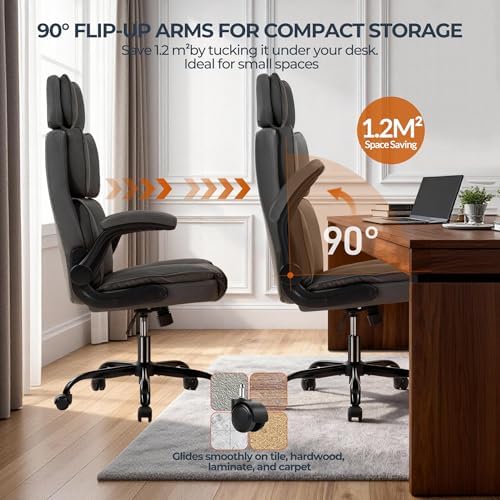 Office Chair with Adjustable Headrest - Executive Leather Desk Chair for Home Office, with Flip-Up Arms & Ergonomic Lumbar Support, Perfect for Work and Study, Gray