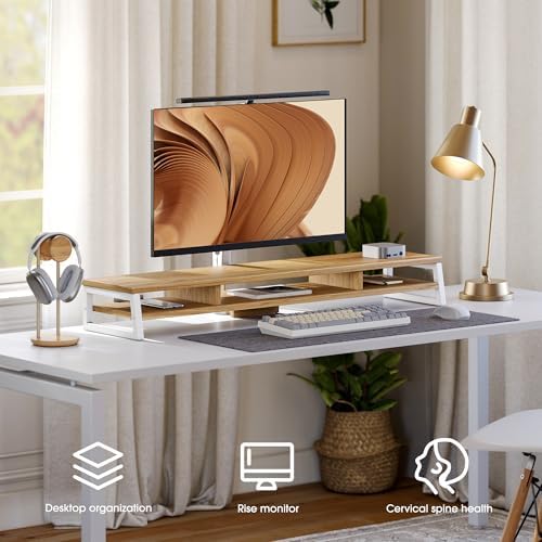 Fenge Dual Monitor Riser for Desk, Open Shelf with 3 Storage Compartments
