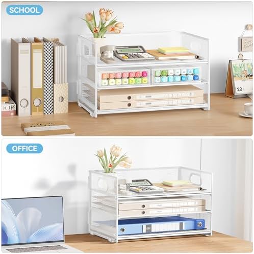 Subekyu 3 Tier Letter Tray Paper Organizer with Handle, 1 PC Sliding Tray, White Metal Mesh Desk File Folder Paper Sorter Organizer for Home Office School Desk Supplies Organization Storage