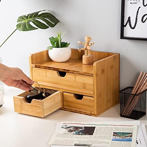 Rustic Bamboo Desk Organizer with Drawers,3-Drawer Desktop Storage Box
