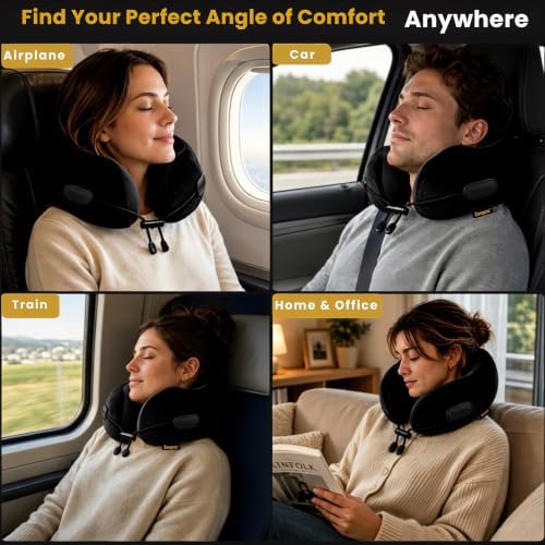 Memory Foam Travel Neck Pillow for Airplane, Neck Support, Black