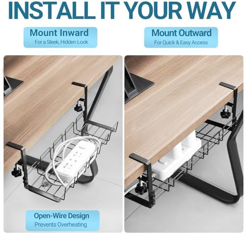Under Desk Cable Management Tray, 15.7'' Metal Wire Organizer with Clamp, No Drill Desk Cord Rack for Cable Management, Computer Wire Organizer for Office and Home – Sturdy & Scratch-Free