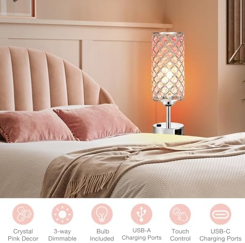Hong-in Pink Crystal Lamp Set of 2, 3 Way Dimmable Touch Lamp for Bedroom with Crystal Shade, Bedside Nightstand Lamps for Living Room Bedroom Home Office