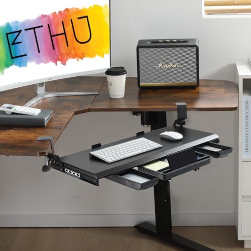 ETHU Corner Keyboard Tray Under Desk with Metal Rail, 26.8x11.8", Black