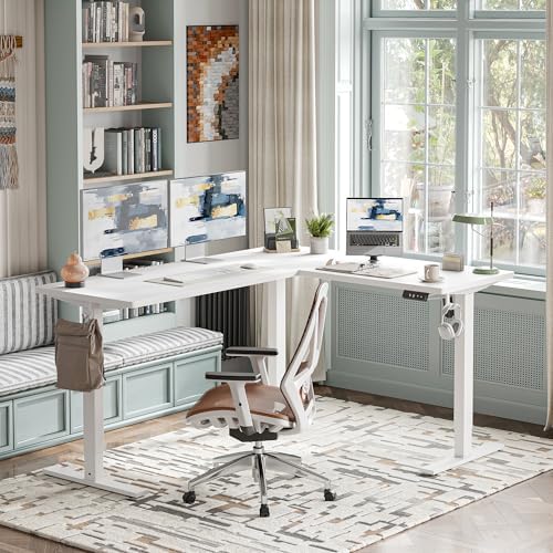 TIQLAB L Shaped Standing Desk Adjustable Height, Electric Corner Standing Desk, 63 x 55 inch Sit Stand Computer Table with Splice Board, White