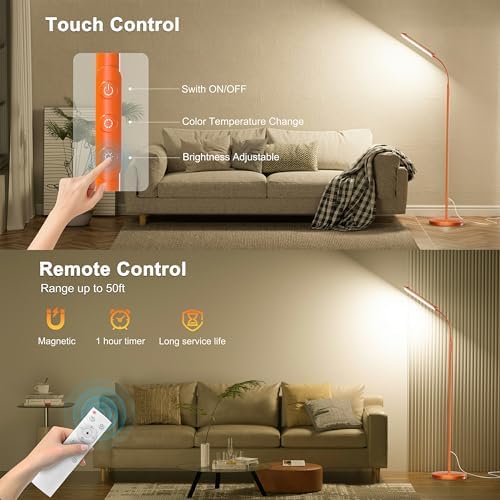 Yikuneng Dimmable LED Floor Lamp, Super Bright Reading Lamps Floor Standing lamp with Remote & Touch Control, Orange