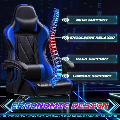 Shahoo Gaming Chair with Footrest and Massage Lumbar Support, Computer Game Chairs Ergonomic Office Seat Height Adjustable with Headrest, Blue
