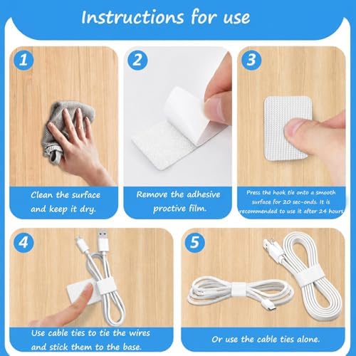 Under-Desk Cable Management Kit: 20 Adhesive & 100 Zip Ties(White)