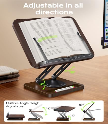LOXP Ergonomic Book Stand for Reading, 360° Rotating Holder with Page Clip