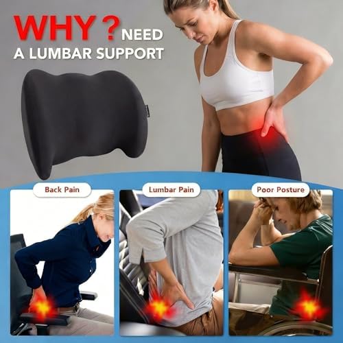 Lumbar Support Pillow Memory Foam Back Cushion for Sciatica & Lower Back Pain Relief Orthopedic Posture Corrector for Office Chair Gaming Chair Car Seat Breathable Washable - Black