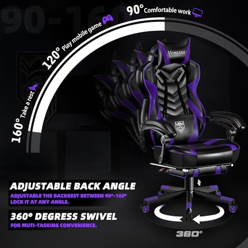Vonesse Gaming Chair, Big and Tall Gaming Chair with Footrest and Massage, Gaming Chairs for Adults with Lumbar Support, Ergonomic High Back Computer Chair with Pocket Spring Cushion (Purple/Black)