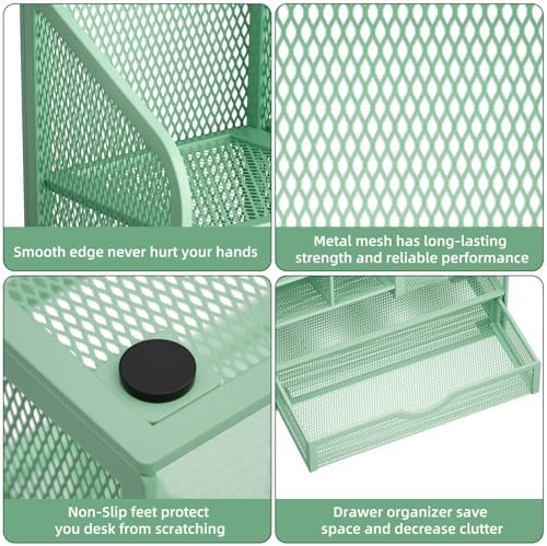 Marbrasse Mesh Pen Holder for Desk, Multi-Functional Pencil Organizer with Drawer, Desk Organizers and Accessories for Office Art Supplies (Green)