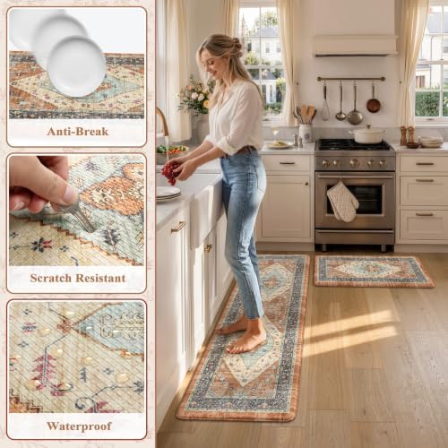 KIMODE Anti Fatigue Kitchen Mats for Floor, Vintage Kitchen Rugs Sets of 2