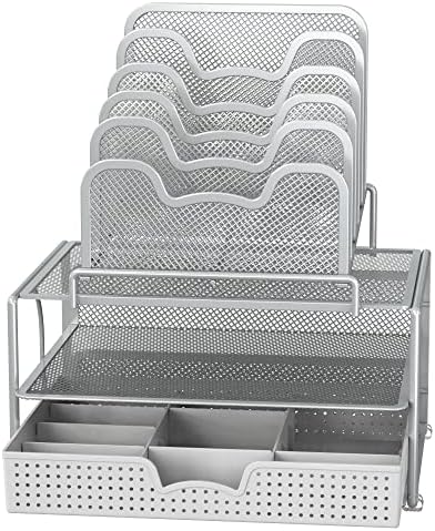 Simple Houseware Mesh Desk Organizer with Sliding Drawer, Silver